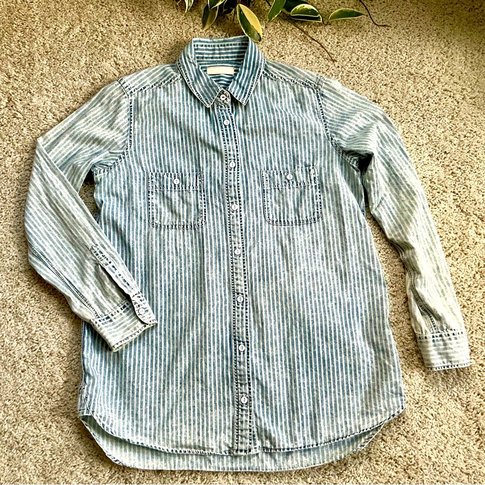 Uniqlo x Ines De Fressange Women’s Distressed Striped Cotton Button Up Shirt